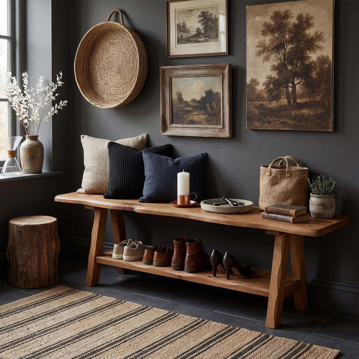 Brown Solid Wood Entryway Bench F5085