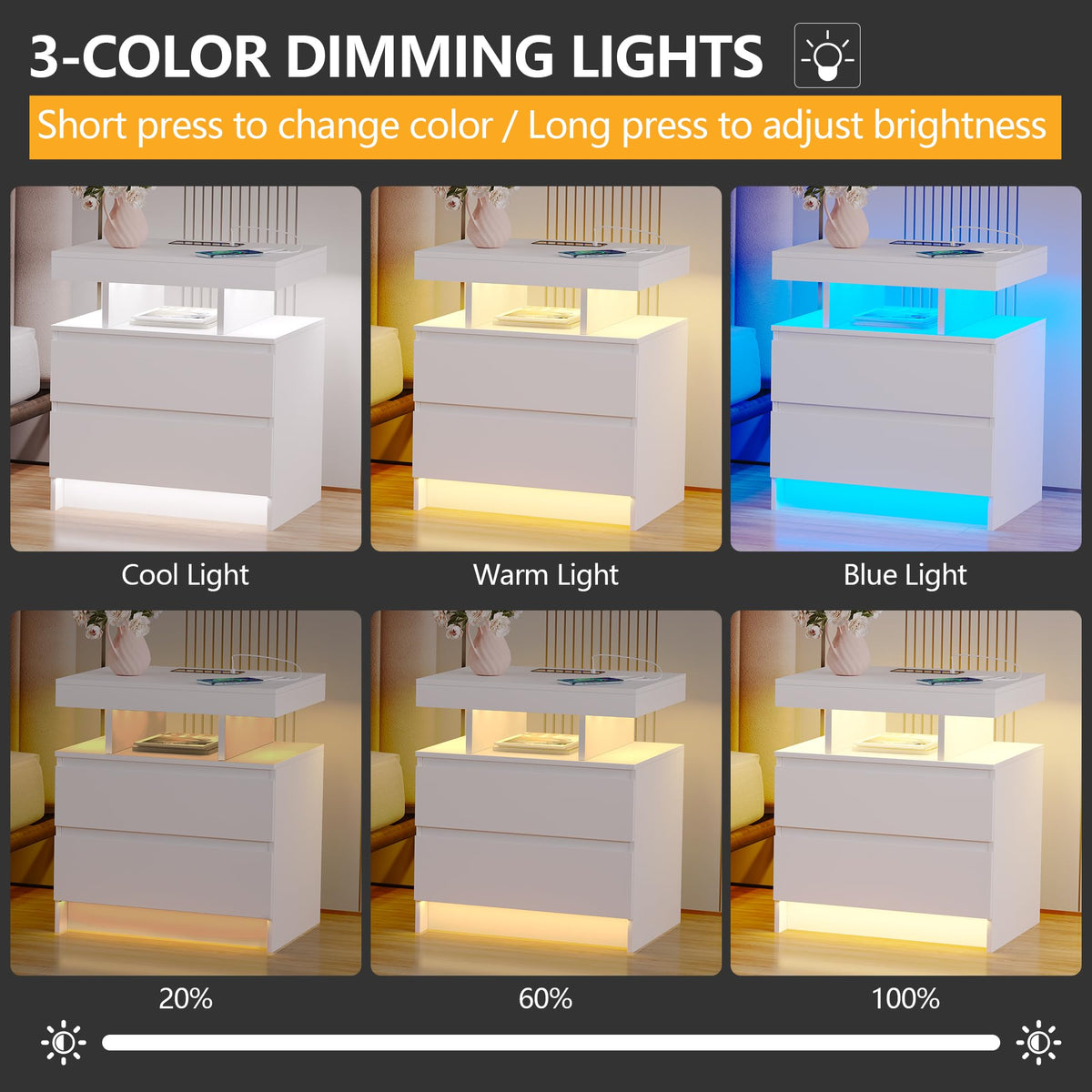 LED Nightstand with Charging Station White X2454