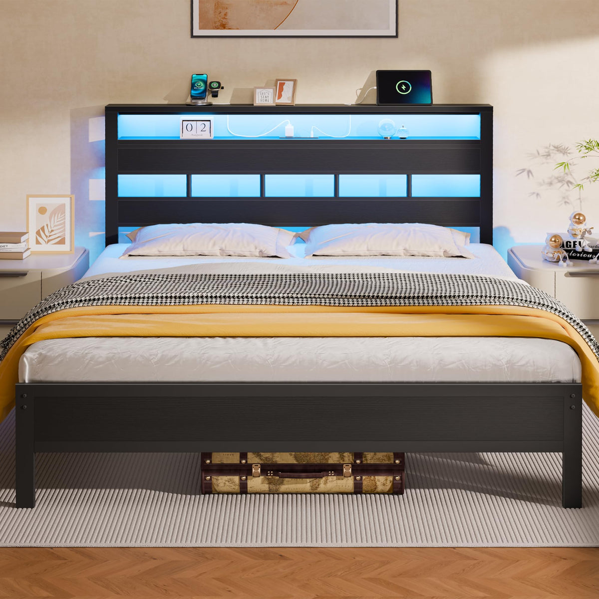 Queen Bed Frame with Storage Headboard and LED Lights J62718