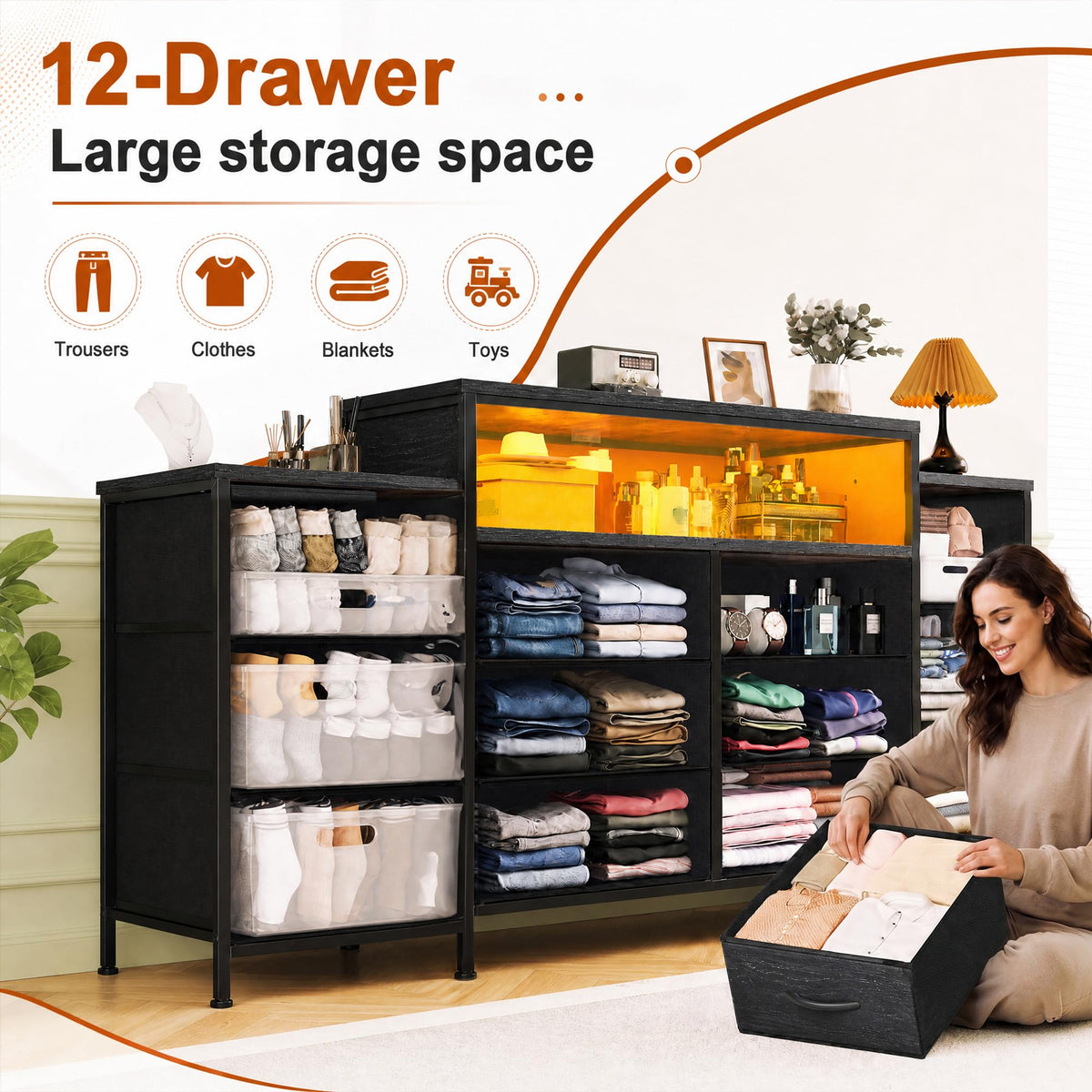 12 Drawer Dresser with LED Lights and Charging M573