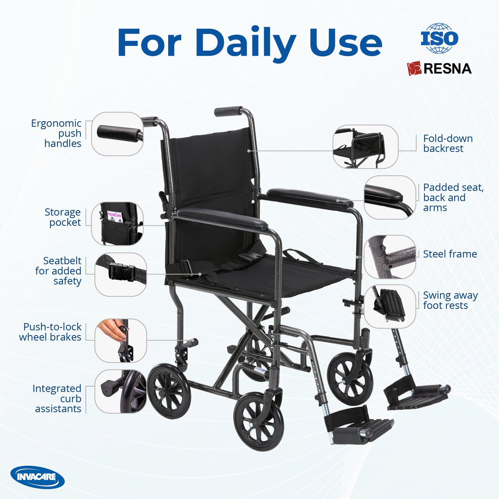 Compact Lightweight Steel Transport Wheelchair with 19in Seat W9130