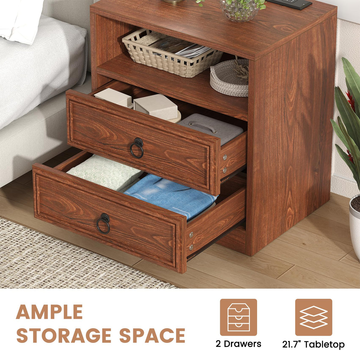 21.7" Wide Cherry Wood Nightstand with 2 Drawers J8797