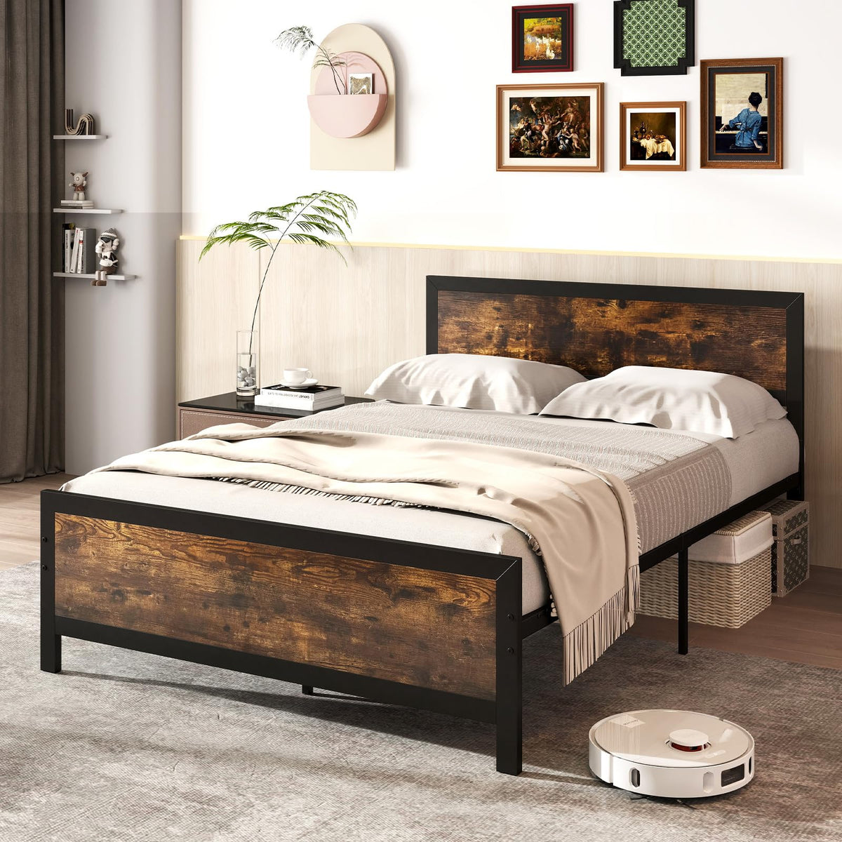 Metal Full Size Platform Bed Frame with Wood Headboard and Footboard K80863