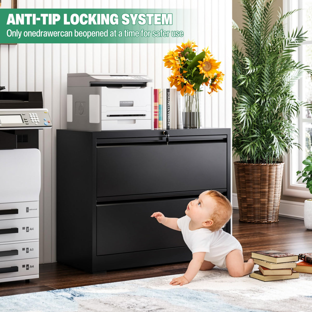 Black 2 Drawer Metal Lateral File Cabinet with Lock O79783