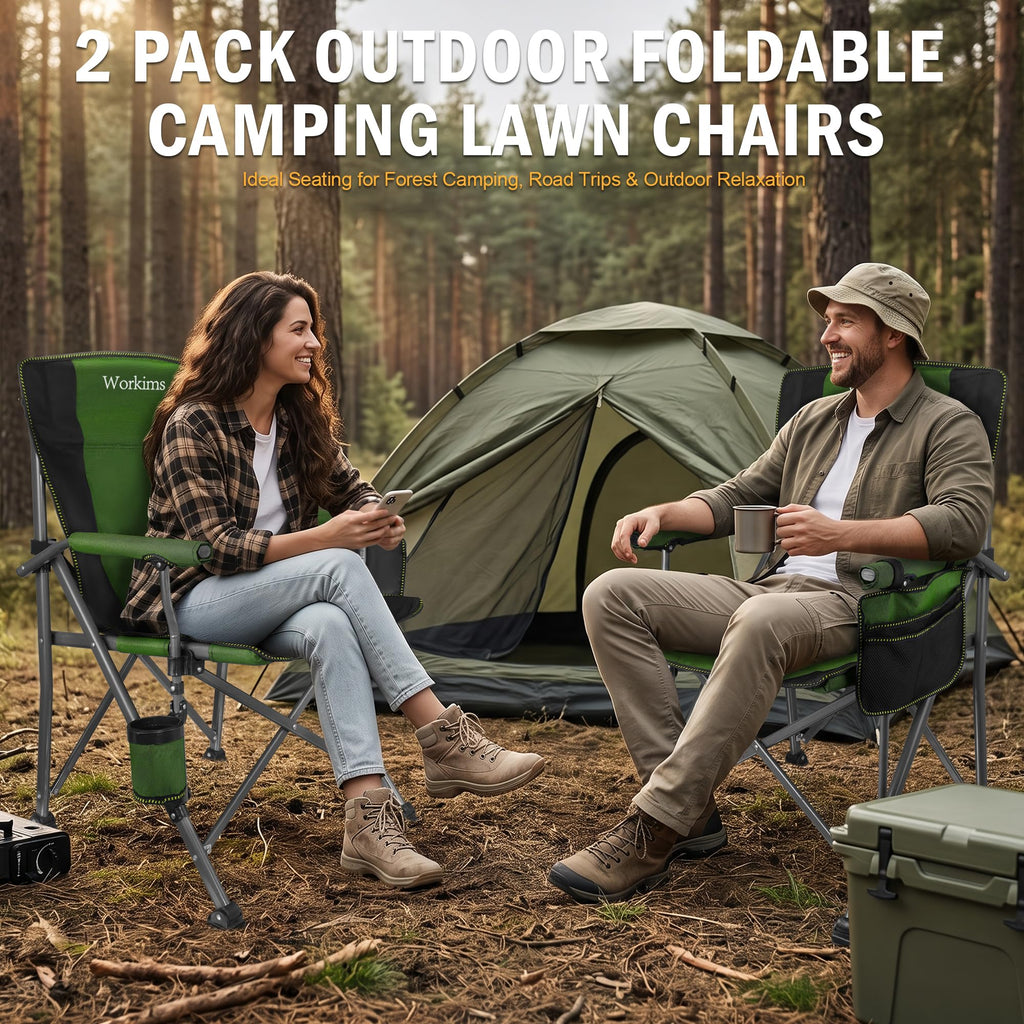 2 Pack Green Folding Camping Chair with Cup Holder and Storage Bag B964027
