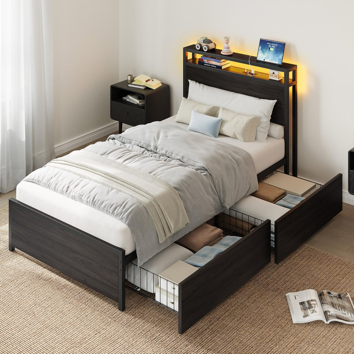 Twin Bed Frame with Storage Drawers and LED Light E70023