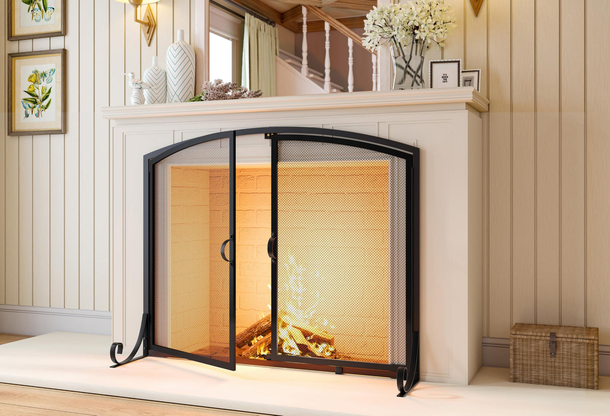 Black Steel Fireplace Screen with Doors A637