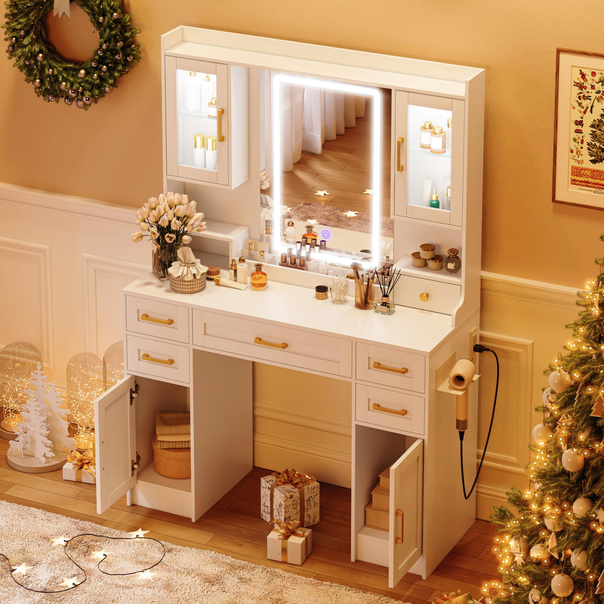 White Vanity Desk with Mirror, LED Lights and Power Outlet F112