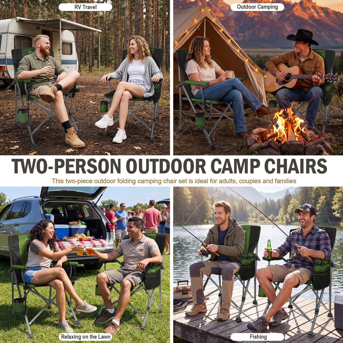 2 Pack Green Folding Camping Chair with Cup Holder and Storage Bag B964027