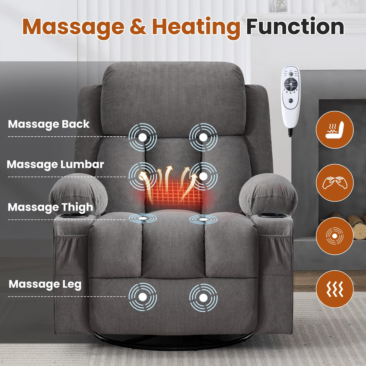 Swivel Rocker Recliner Chair with Massage and Heat V8508