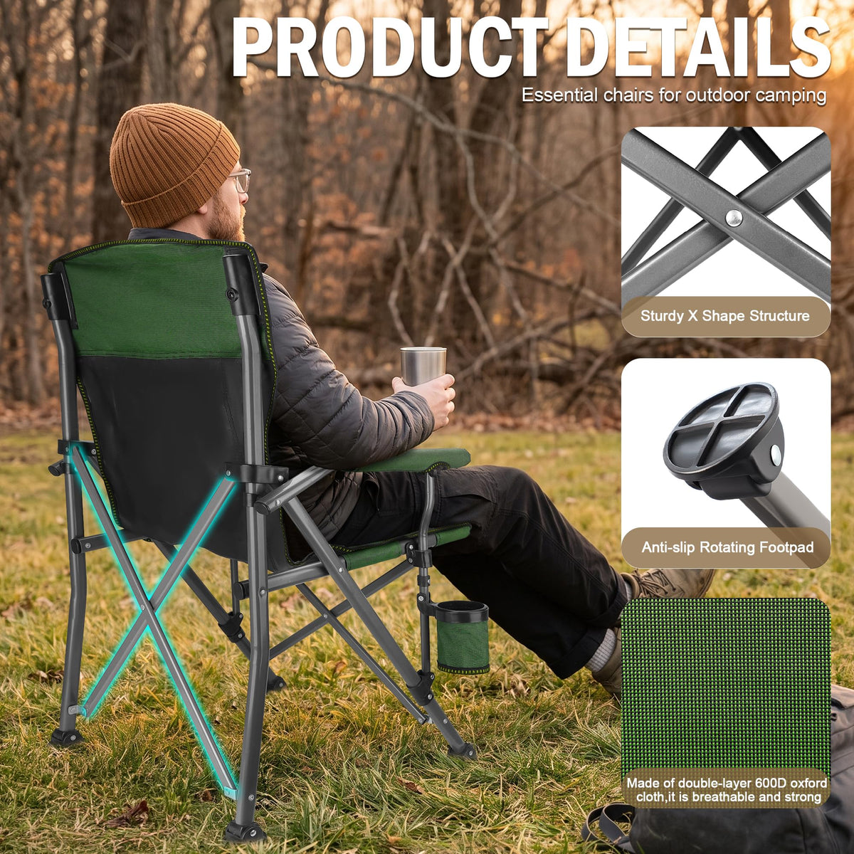 2 Pack Green Folding Camping Chair with Cup Holder and Storage Bag B964027