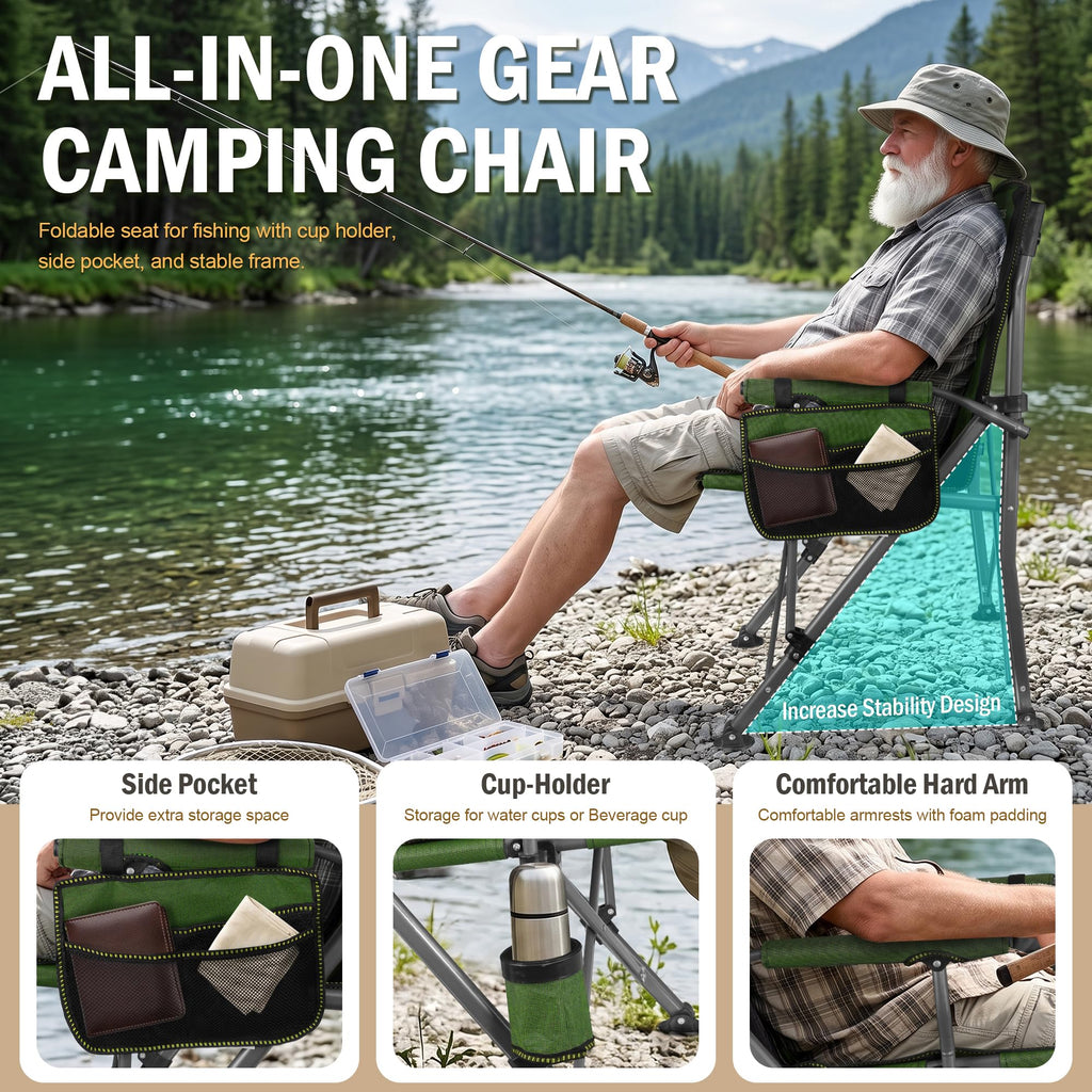 2 Pack Green Folding Camping Chair with Cup Holder and Storage Bag B964027