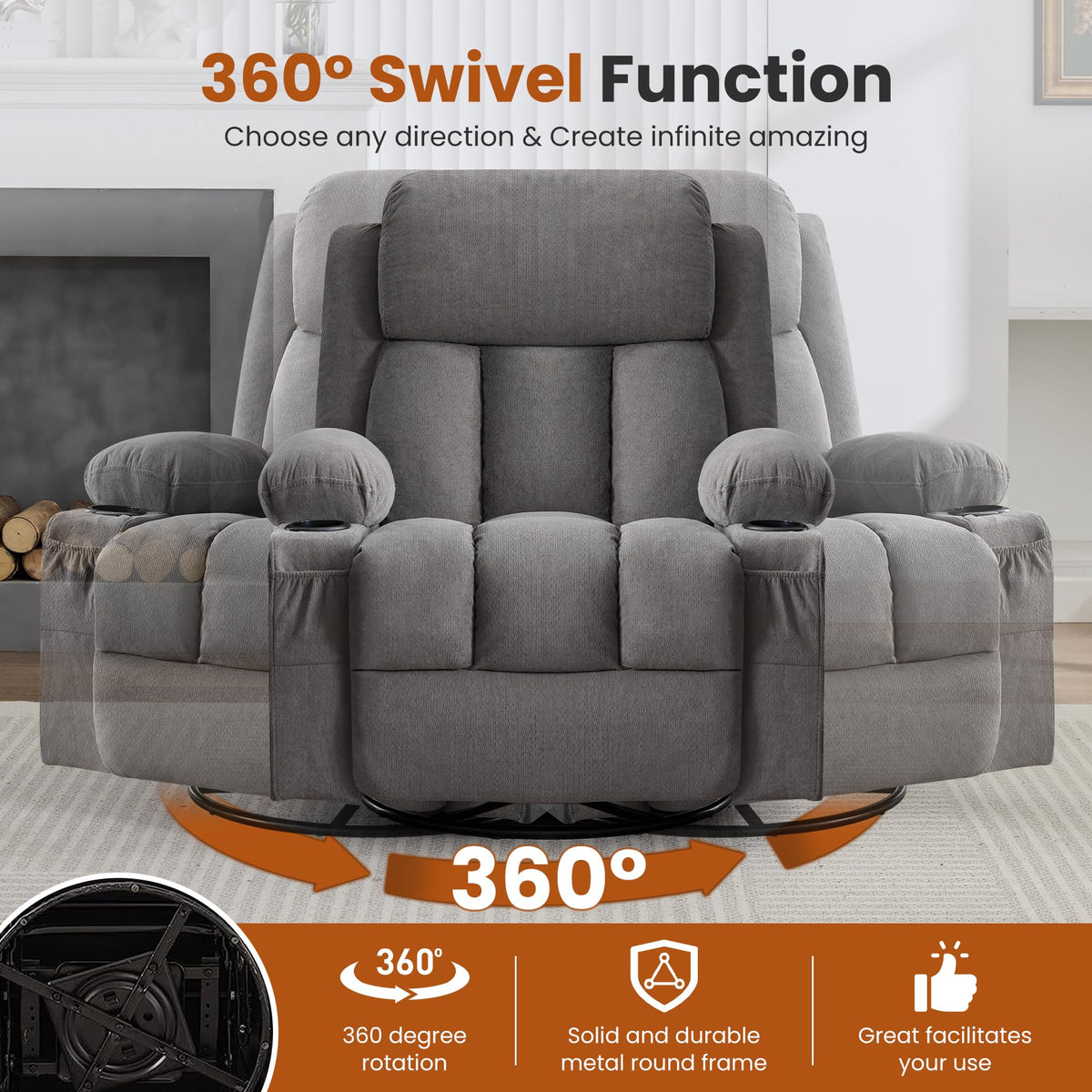 Swivel Rocker Recliner Chair with Massage and Heat V8508