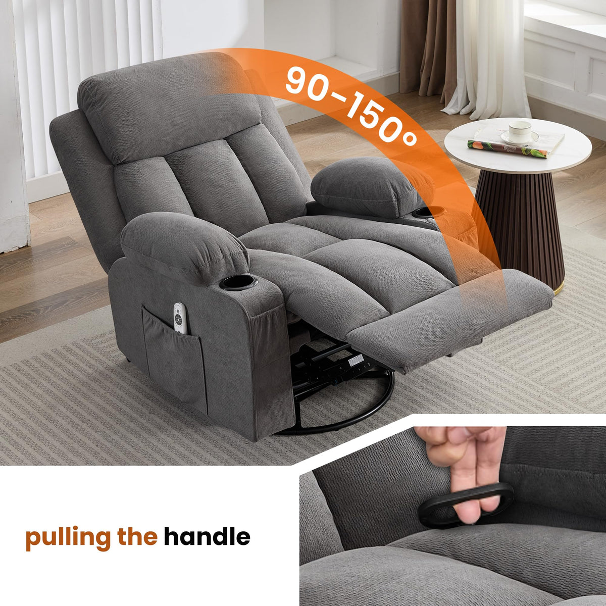 Swivel Rocker Recliner Chair with Massage and Heat V8508