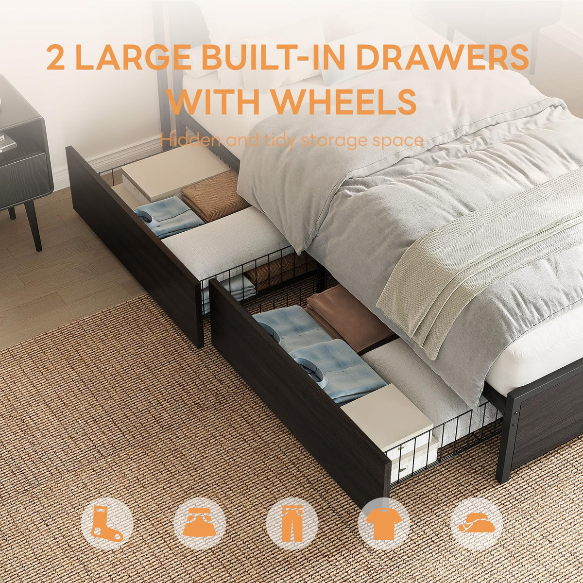 Twin Bed Frame with Storage Drawers and LED Light E70023